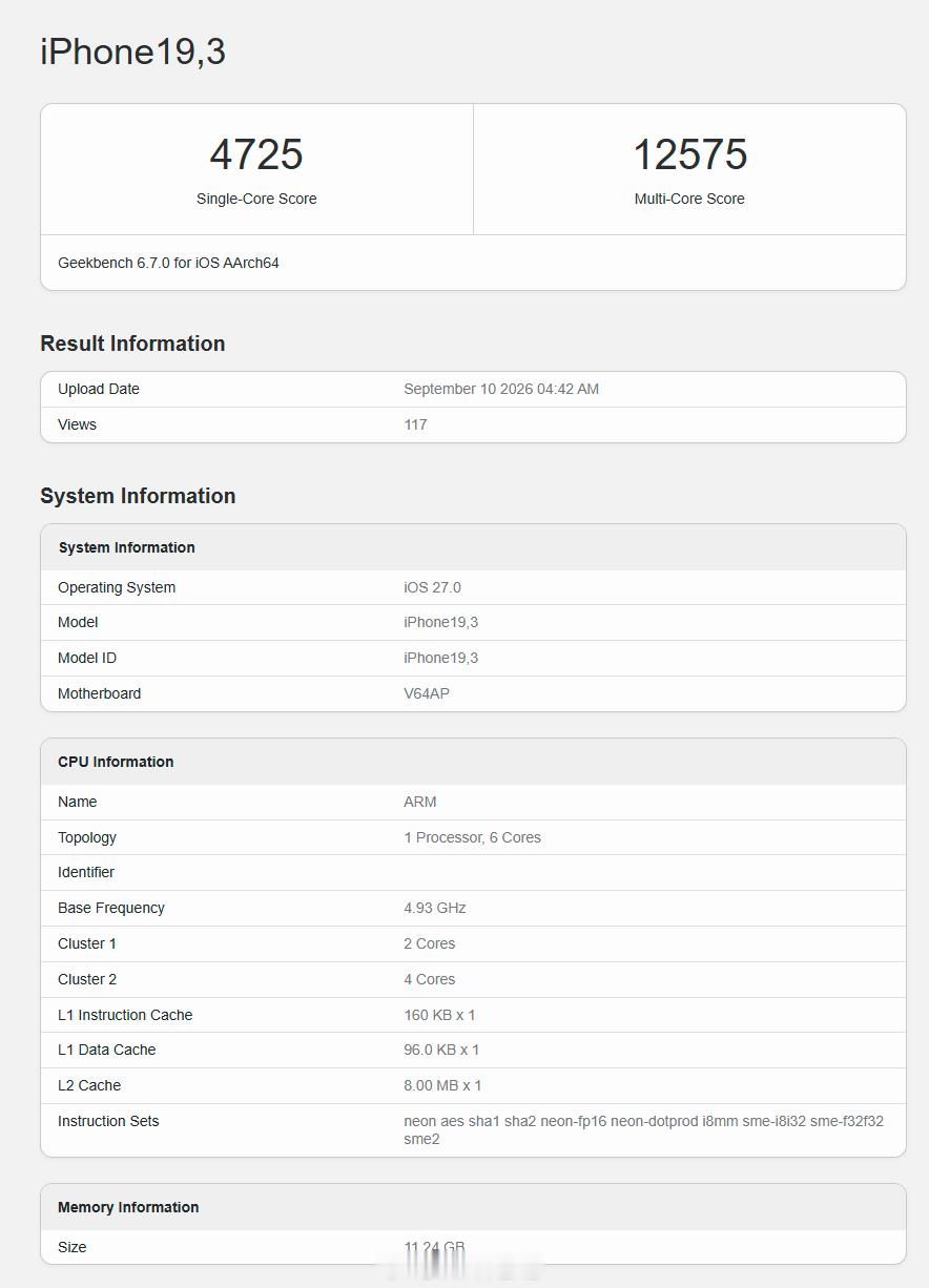 iPhone 18 Pro Max 的 A20 Pro Geekbench6 跑