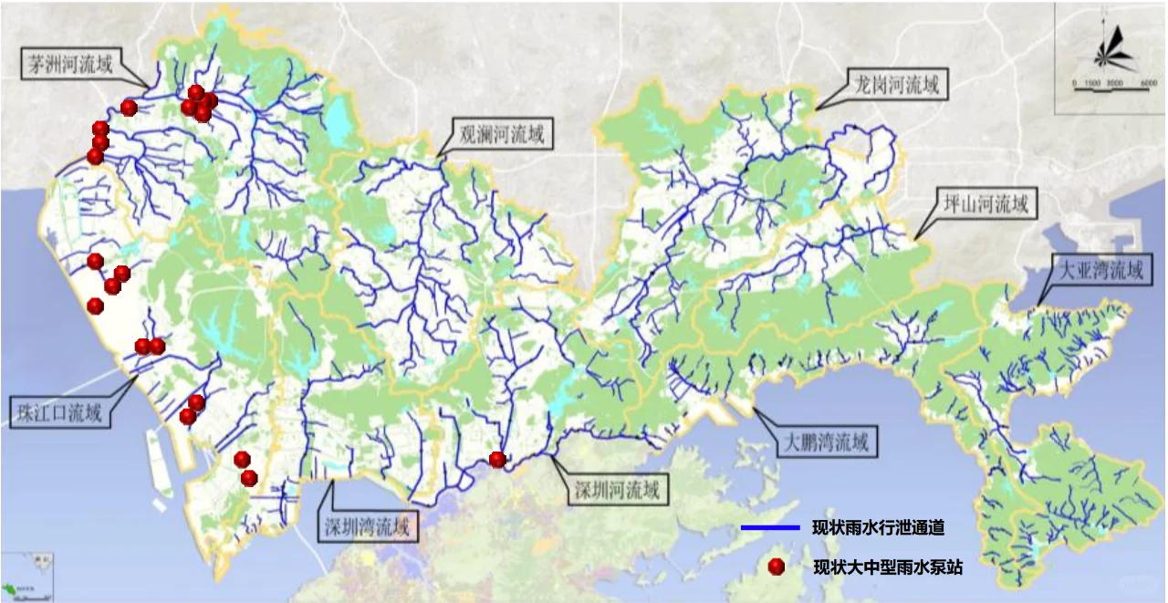 深圳现状大中型雨水泵站分布示意图