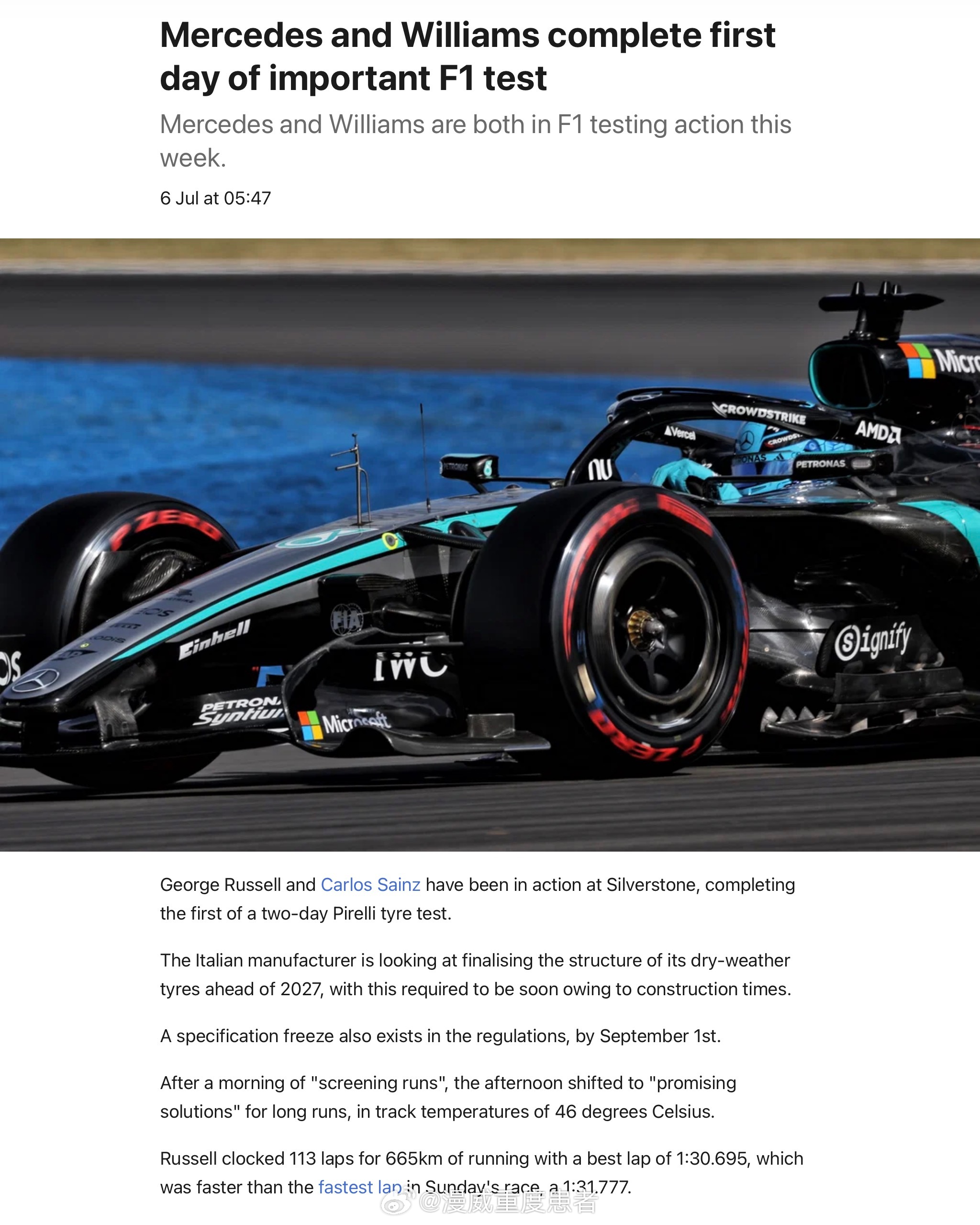 GeorgeRussell  乔治·拉塞尔在银石完成了2027年倍耐力轮胎的第一