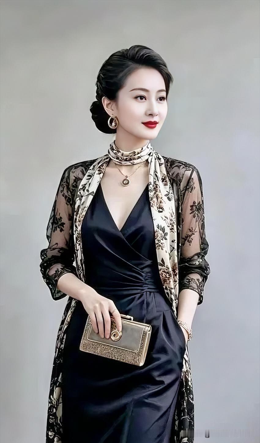 黑纱外披搭配丝巾，红唇点睛，于沉稳中透出复古优雅的都市摩登感。