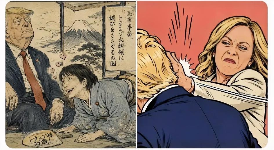 这组对比讽刺漫画在国际社交媒体上大量传播。梅洛尼、高市早苗与特朗普的互动，被画成