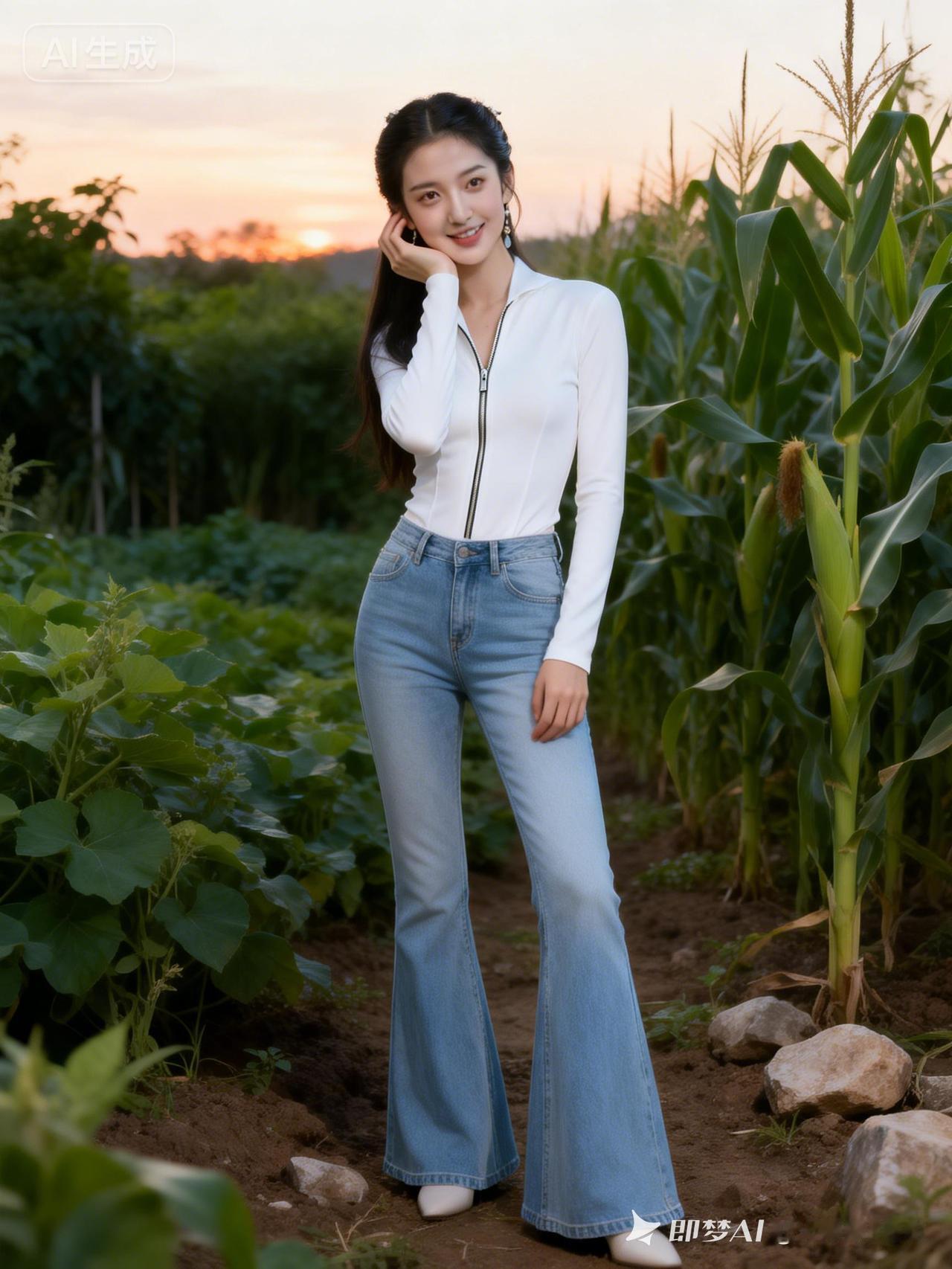 美女姿态优雅，一只手轻轻抬起，靠近脸颊。身着白色拉链款的修身短上衣、浅蓝色喇叭牛