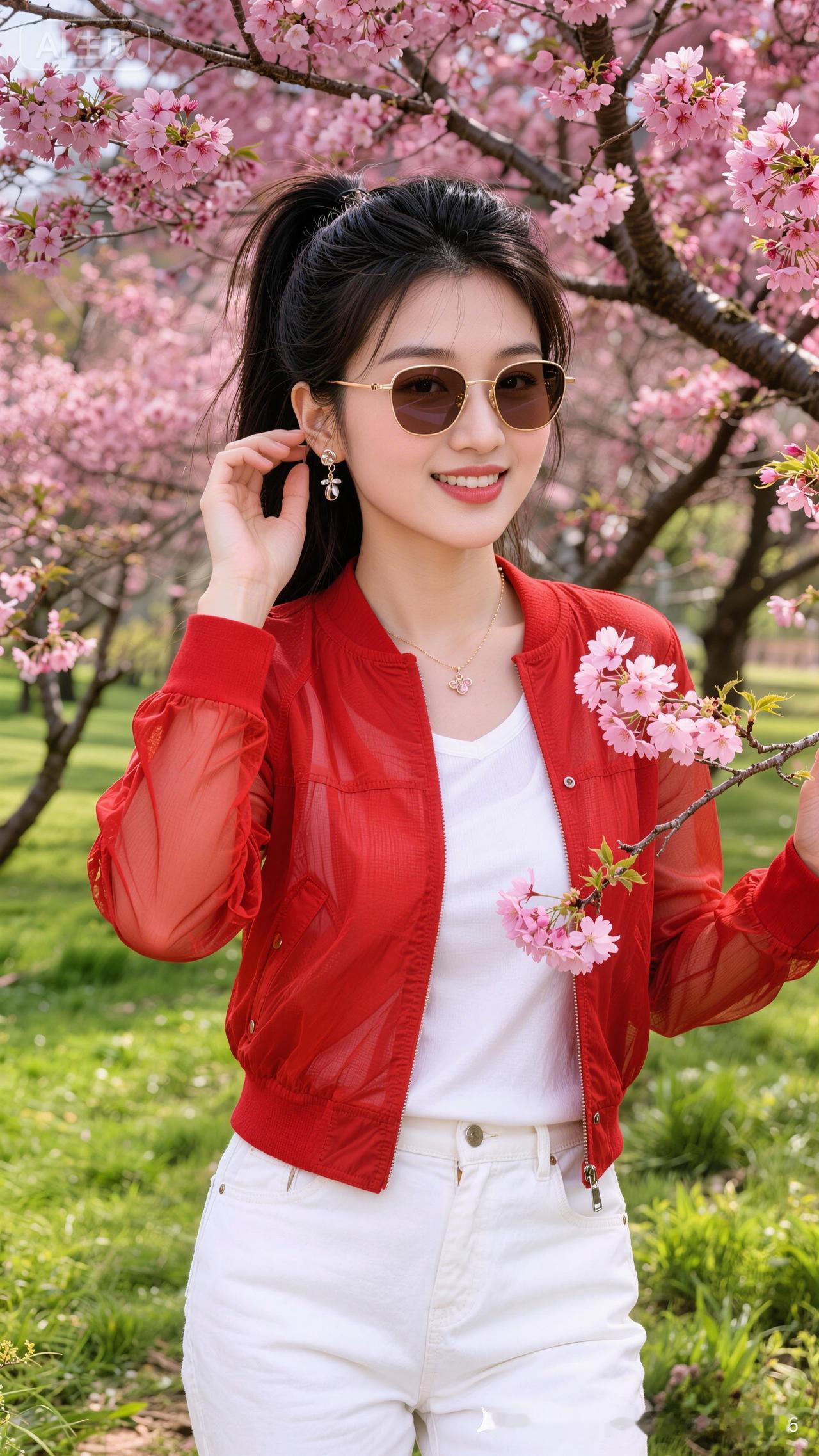 樱花树下笑靥如花，红衣少女与粉樱共舞，春日限定的温柔与明媚，心动指数爆表！