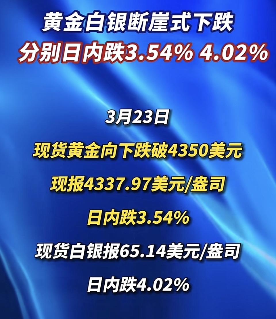 3月23日，全球贵金属市场遭遇重挫，现货黄金、白银双双出现大幅跳水，上演“断崖式