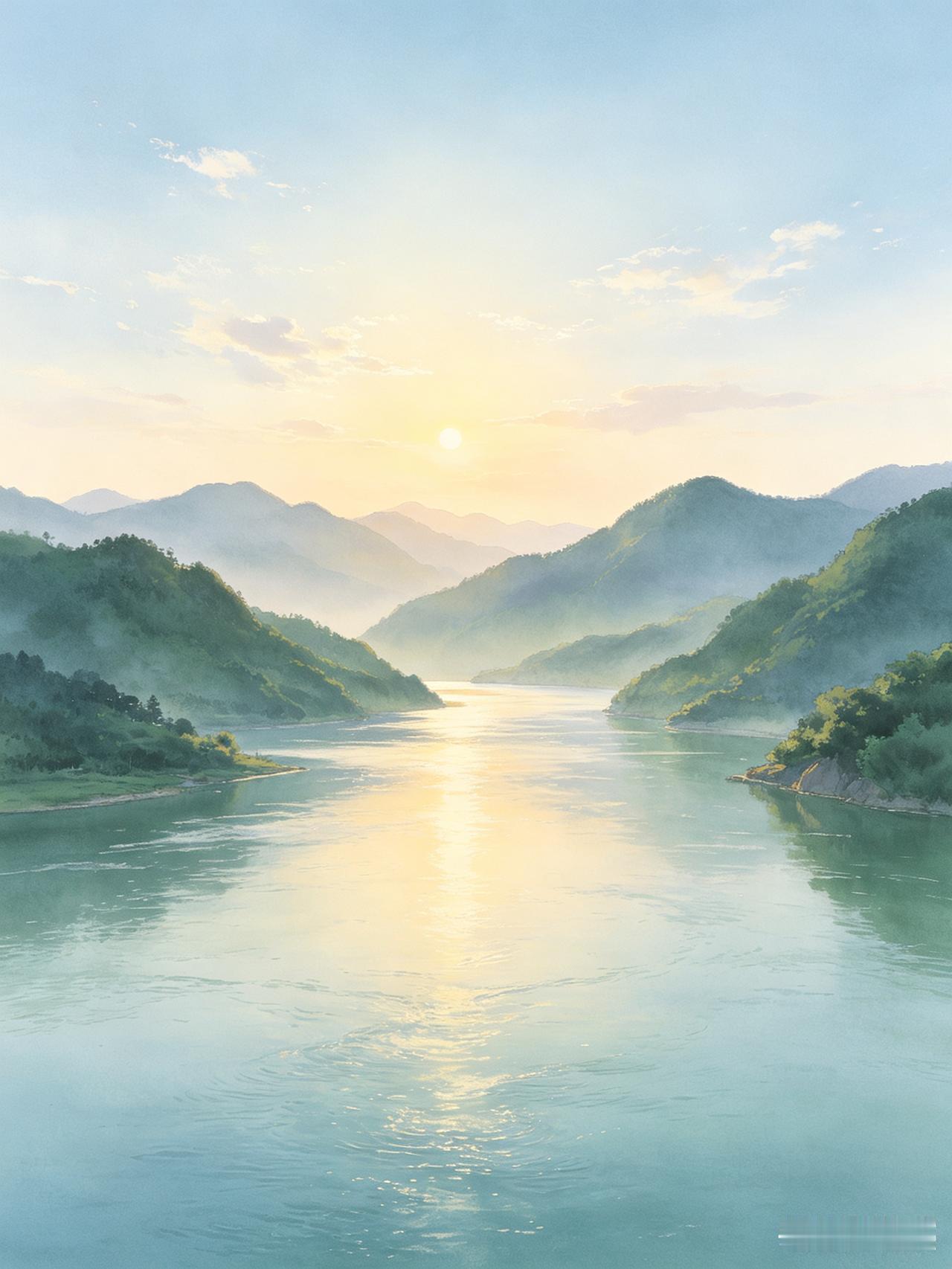 “抬眸尽览山河阔，一缕清风慰世间”，每次念起，山河壮美之景便浮现眼前。
山河之美