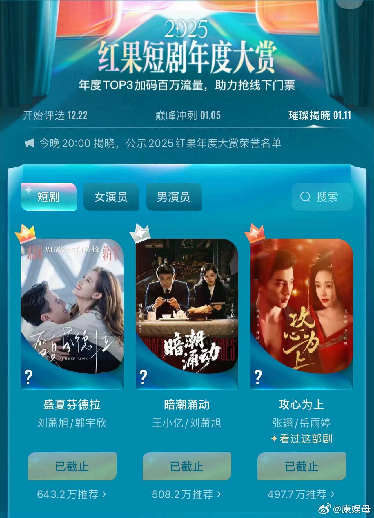 红果年度大赏短剧TOP3️⃣ ：《盛夏芬德拉》《暗流涌动》《攻心为上》。男演员T