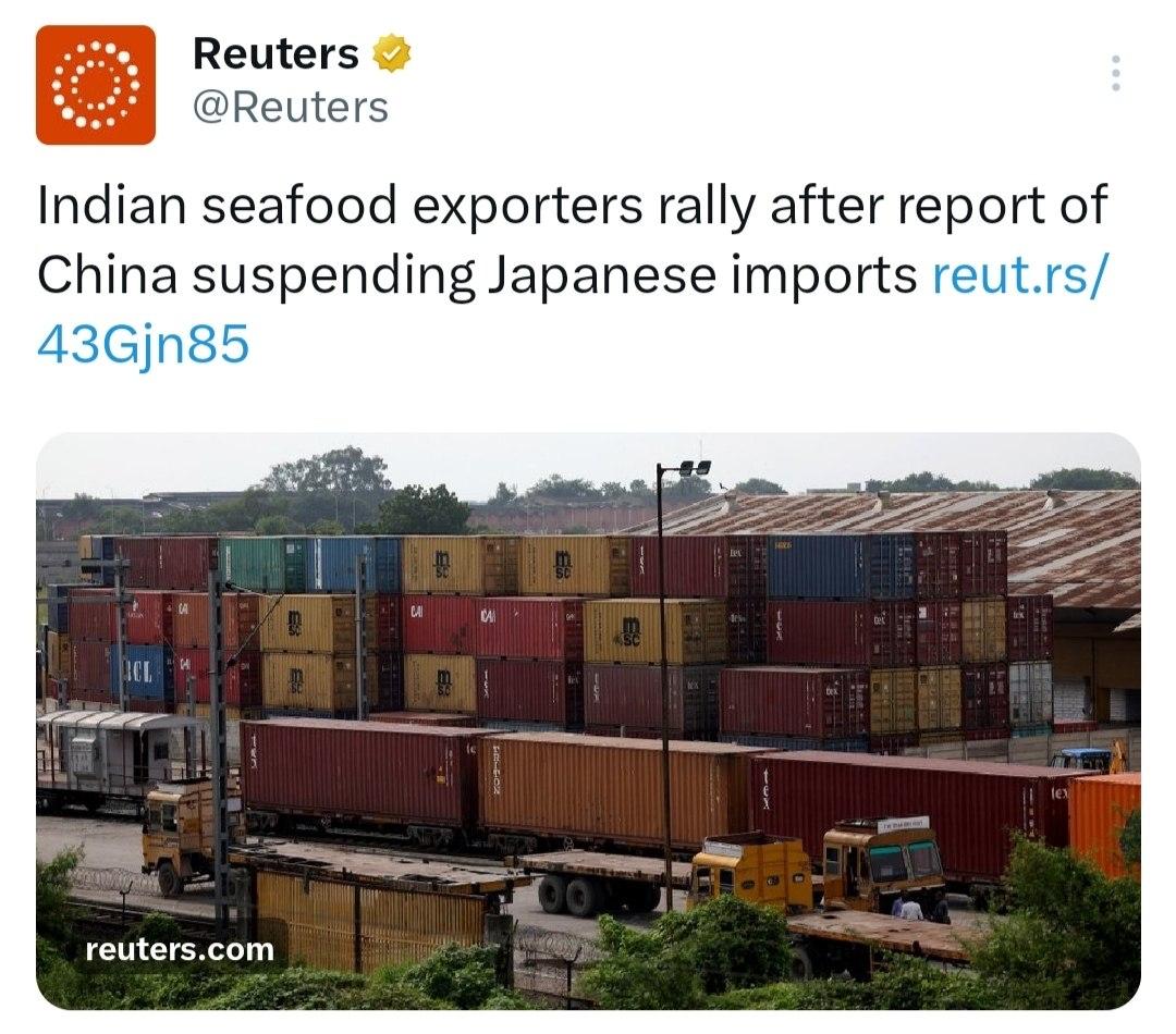 11月19日，路透社报道，中国在暂停进口日本海鲜后，已开始转向从印度采购相关产品