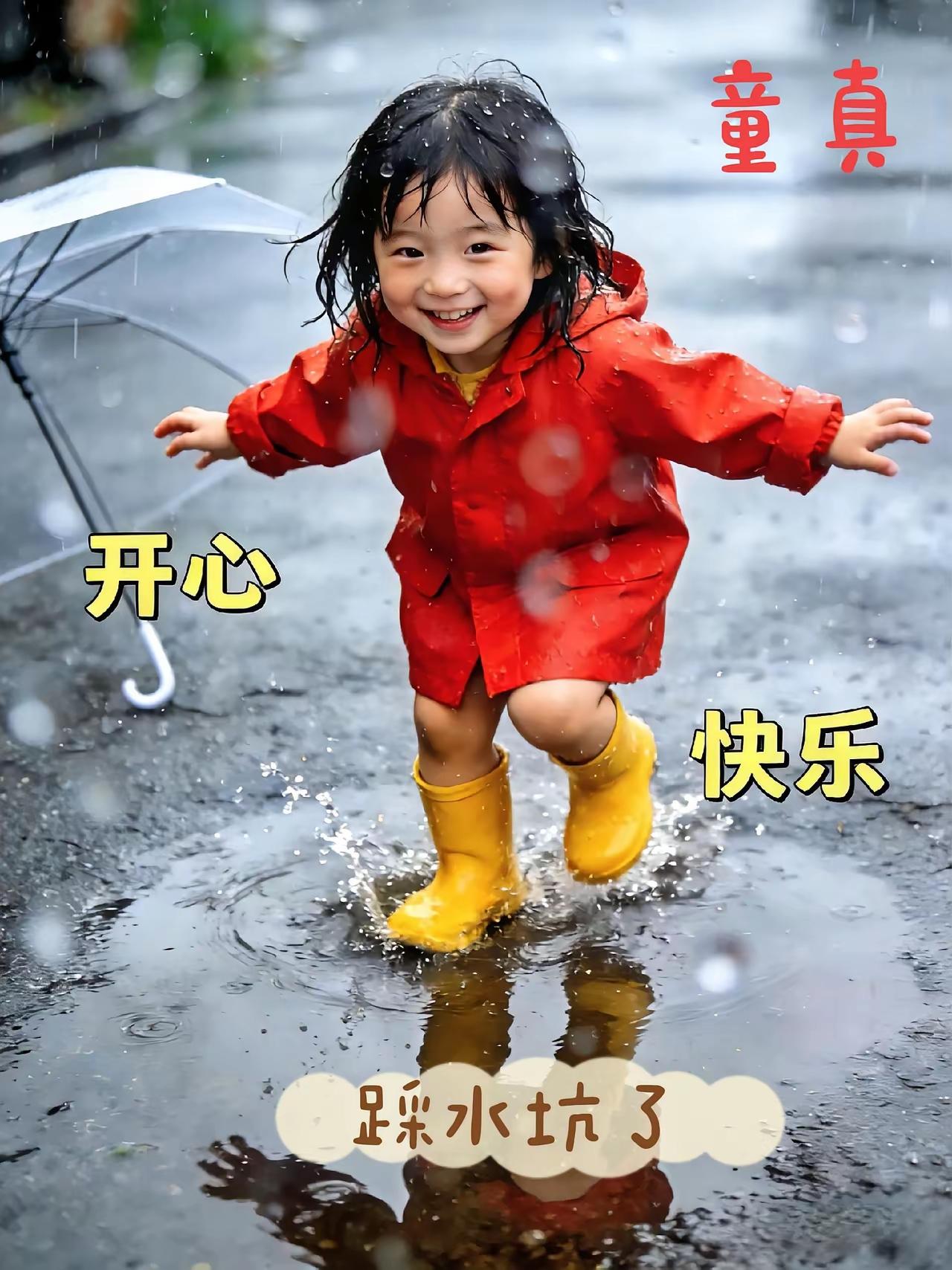 雨中嬉戏，童真无邪，快乐无限！🌧️👧💦