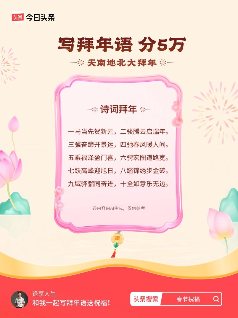 三骥奋蹄开景运，四驰春风暖人间。 五乘福泽盈门喜，六骋宏图道路宽。 七跃高峰迎旭