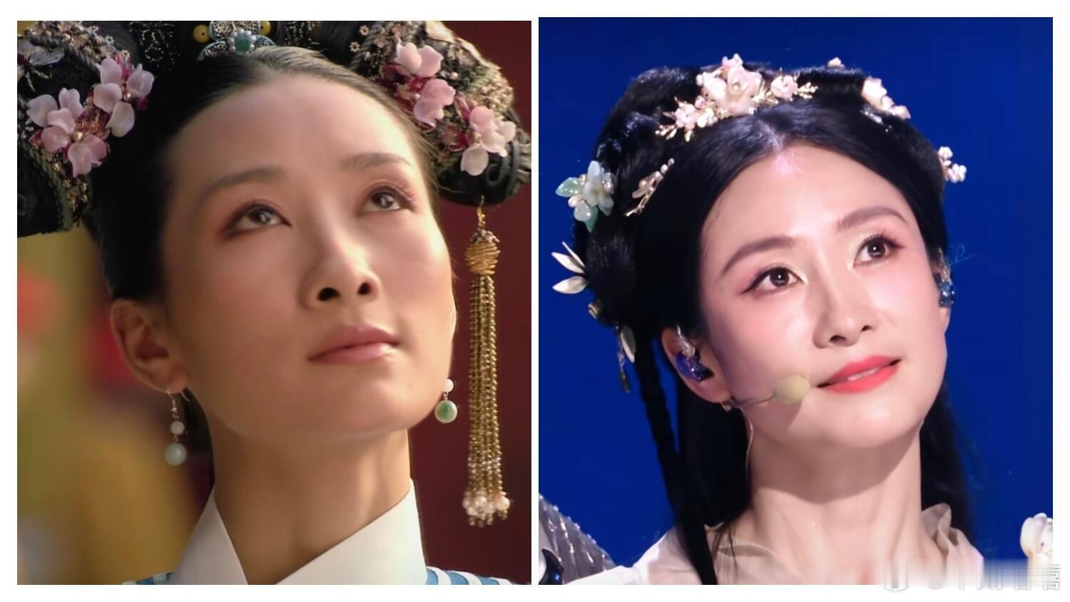 这两张图一对比，感觉她更美了，而且她们组的舞台，有一说一她是古风造型最美的（就妆