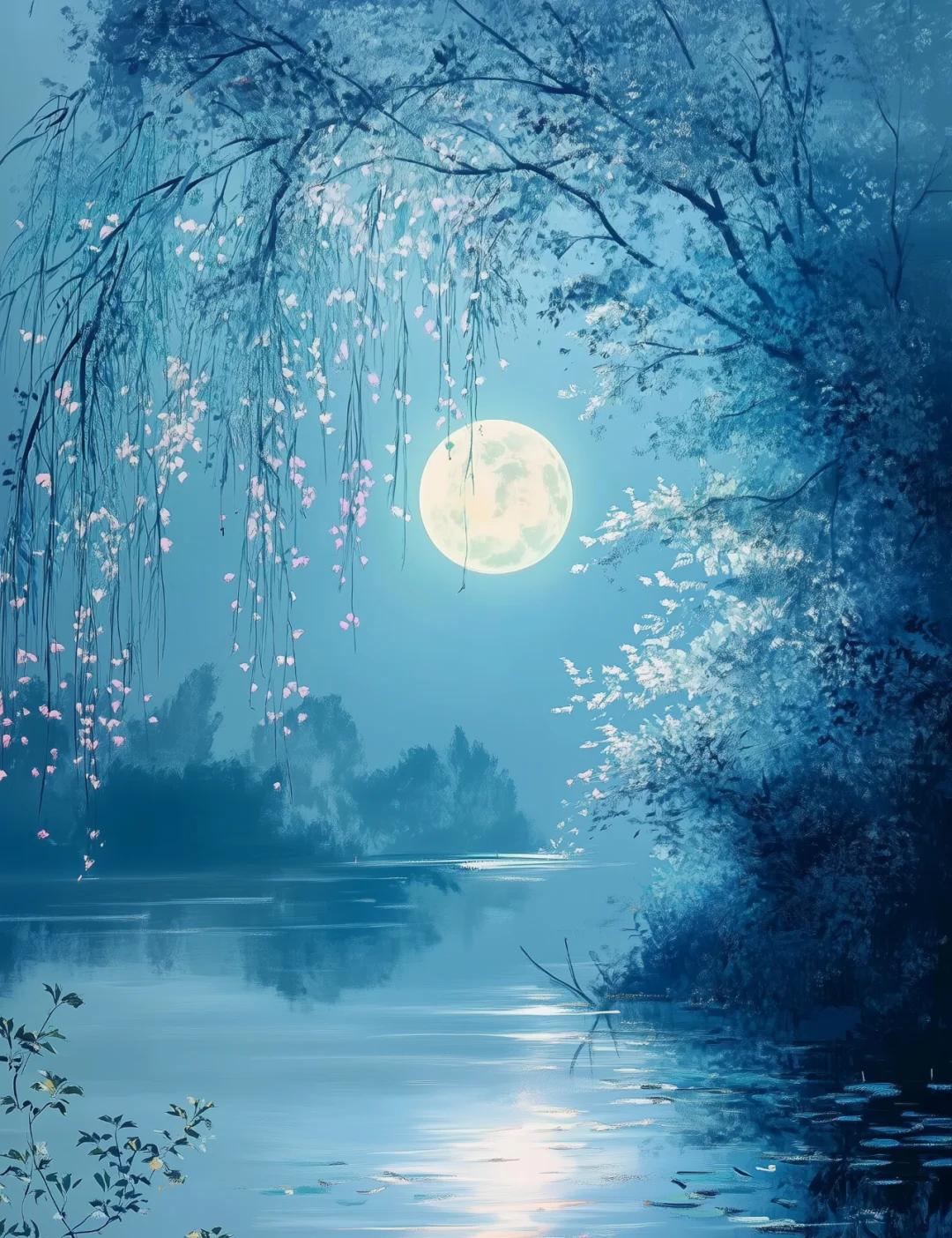 下联：月下听风唱小曲（儿）。

（题图来自网络）