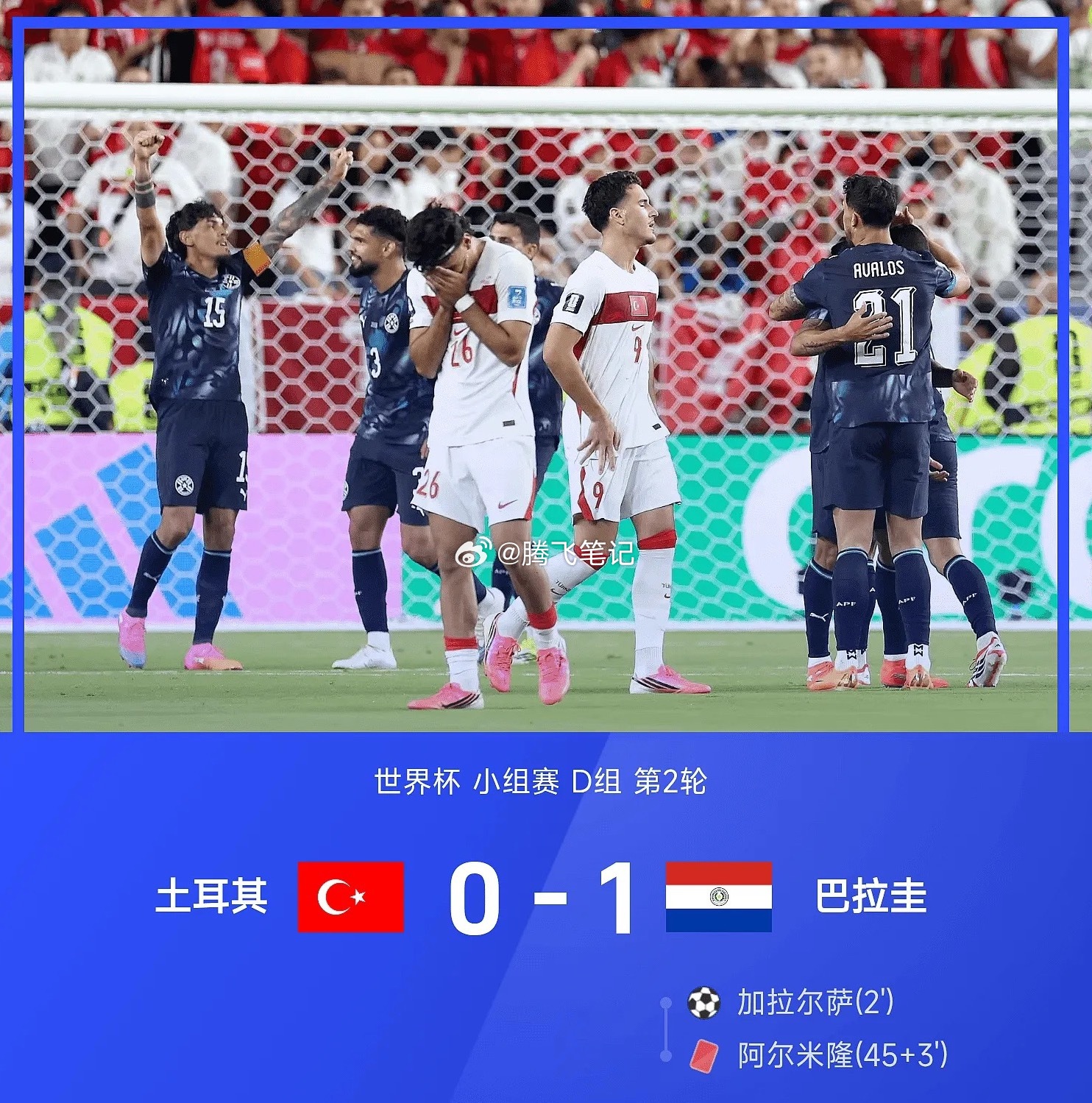 06月20日讯 世界杯小组赛D组第2轮，巴拉圭1-0战胜土耳其。全场比赛，加拉尔