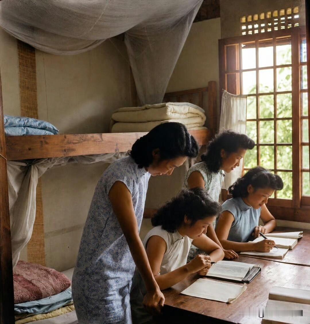 1944年的民国女大学生 。她们穿阴丹士林蓝旗袍、剪齐耳短发，腋下夹着讲义，走过