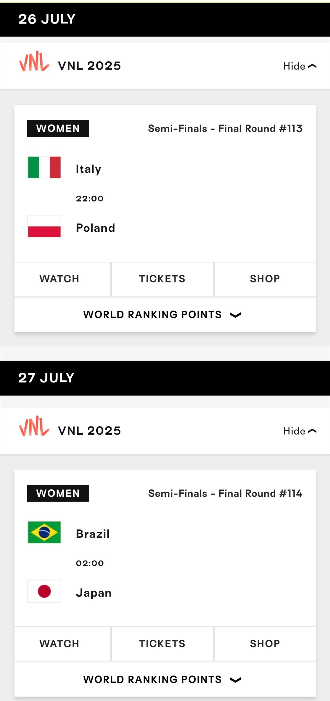 世联赛女排半决赛7.26  22:00 意大利🆚波兰7.27  02:00 巴