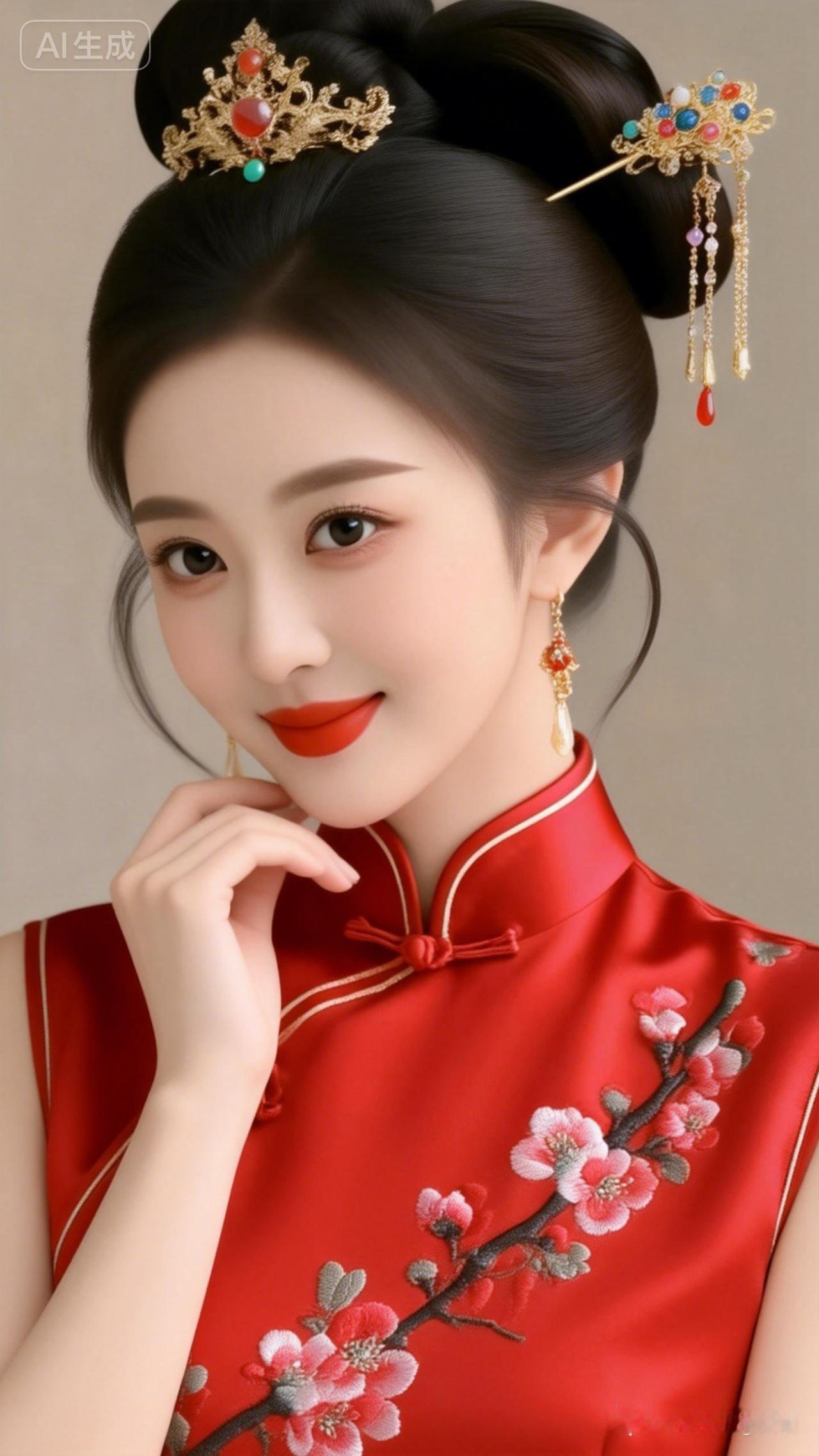 惊艳的古典美人，红衣华服，头戴精美发饰，尽显东方古典美！