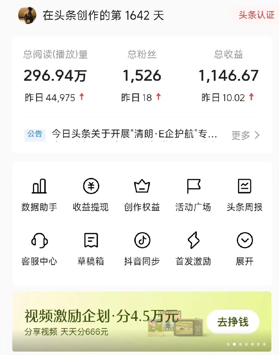 这头条有点搞不懂了，前天一万五千多的阅读量，收入11.53。
昨天阅读量四万四千