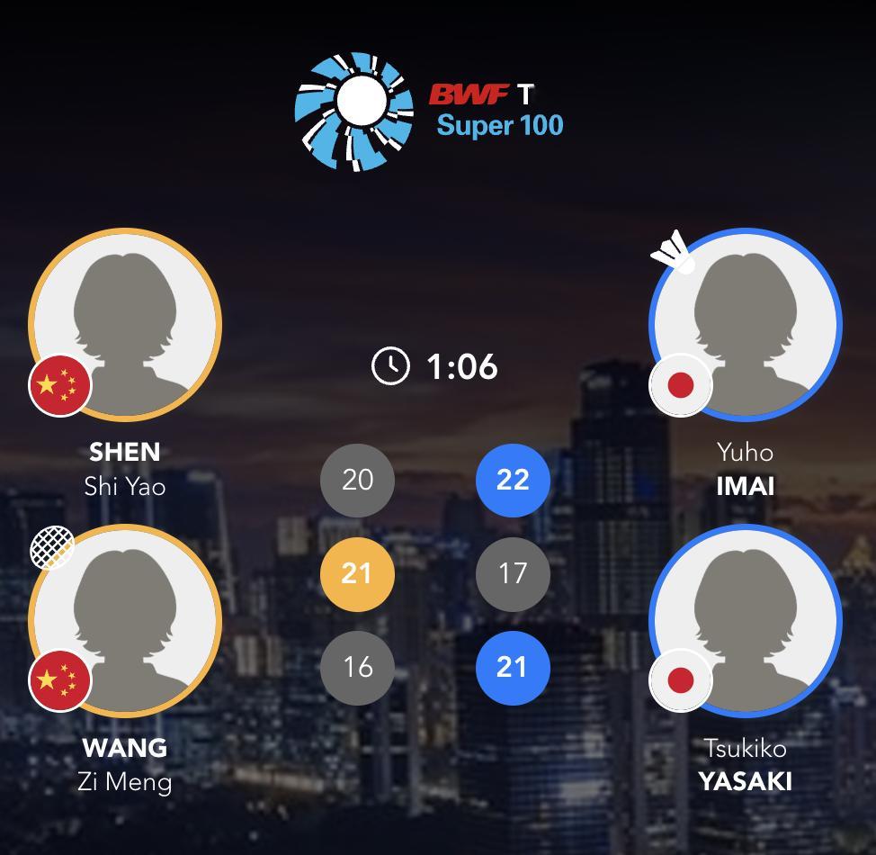 沈诗瑶/王子萌🇨🇳 20-22、21-17、16-21 🇯🇵今井优步/矢