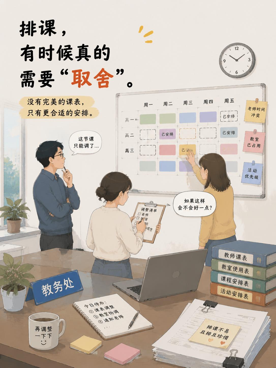 上周和隔壁学校教务碰头交流，两个人对着满是备注的课表疯狂吐槽。
学校教室、时段资