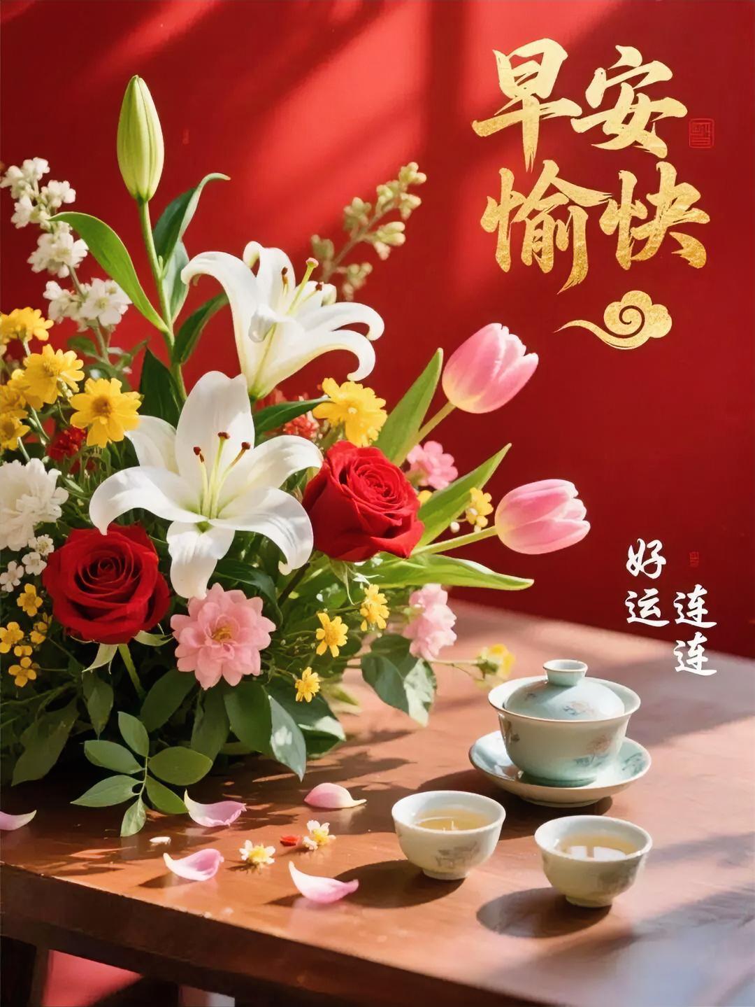 早安愉快，好运连连！鲜花茶香伴晨光，美好如约而至，今日也要元气满满呀~