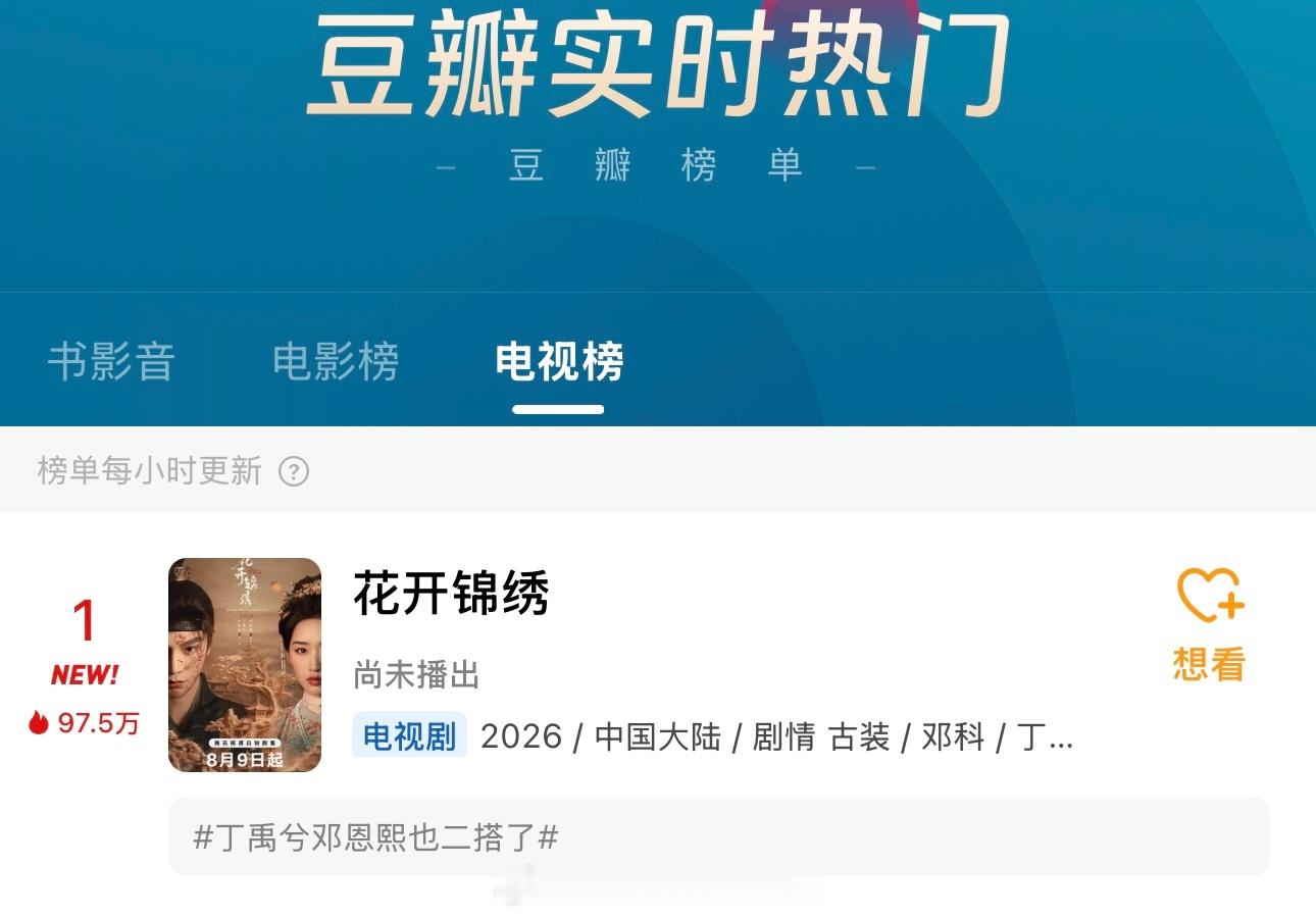丁禹兮《花开锦绣》豆瓣实时热门书影音总榜第一，电视剧榜第一关注期待好高，8.9中
