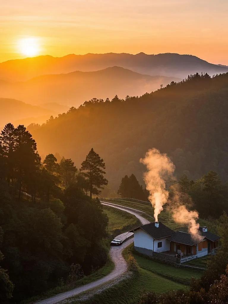  井冈山暮时，夕阳温柔，将光芒倾洒山林。小径蜿蜒，炊烟袅袅。风景能治愈灵魂