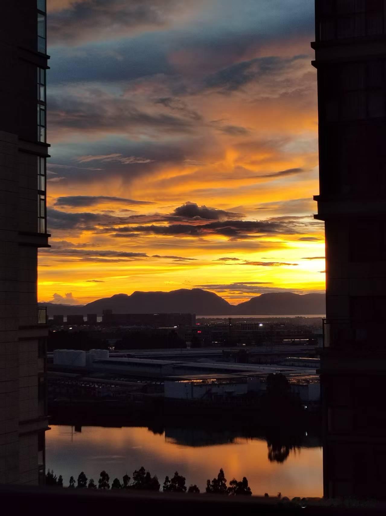 秋日生活打卡季一抬头看到窗外这日落，简直美呆了！天空像打翻的调色盘，橙黄橙黄的，