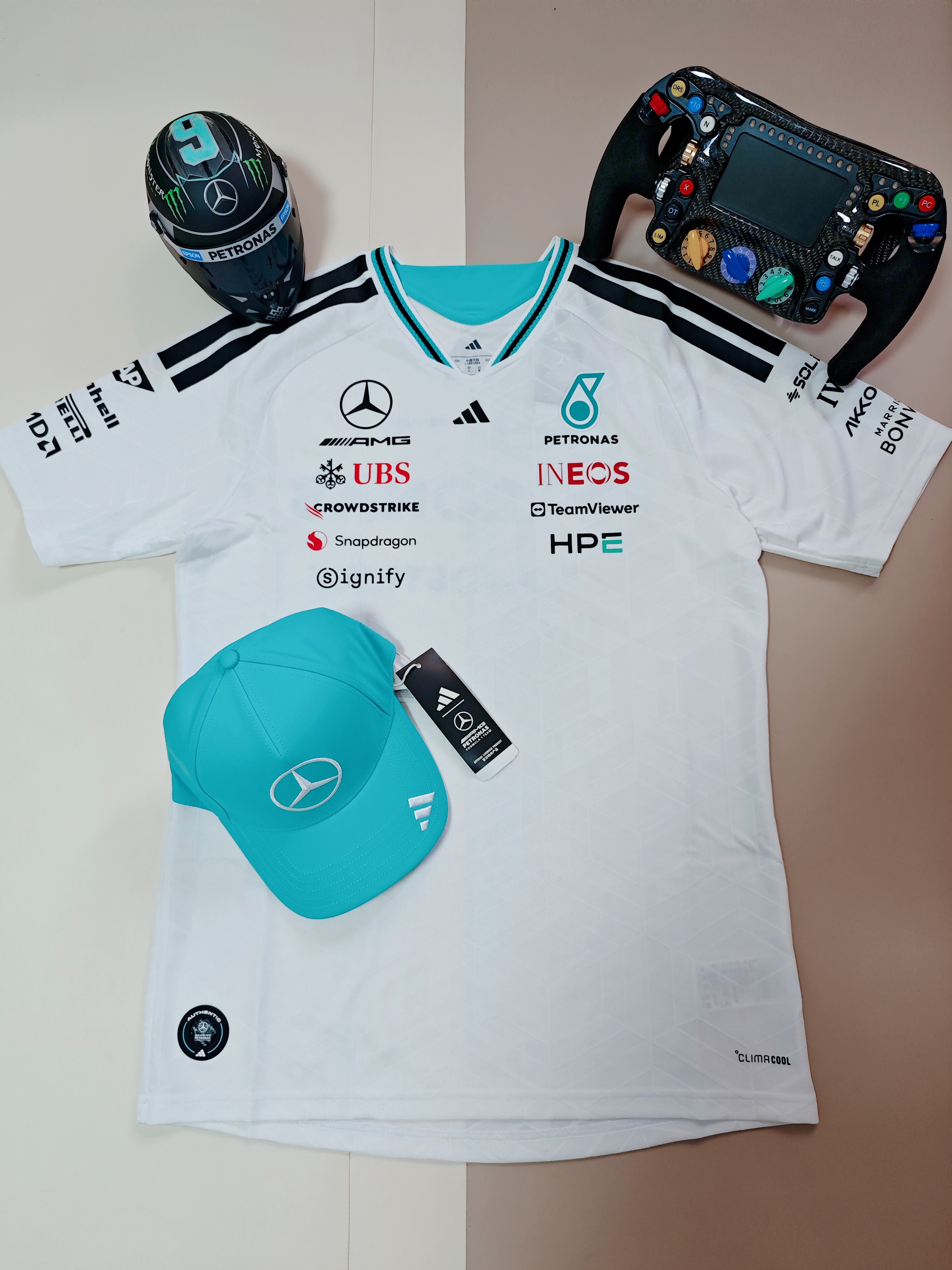 外面还下着雪，今天就已经收到了梅赛德斯车队今年的新T恤和帽子谢谢F1