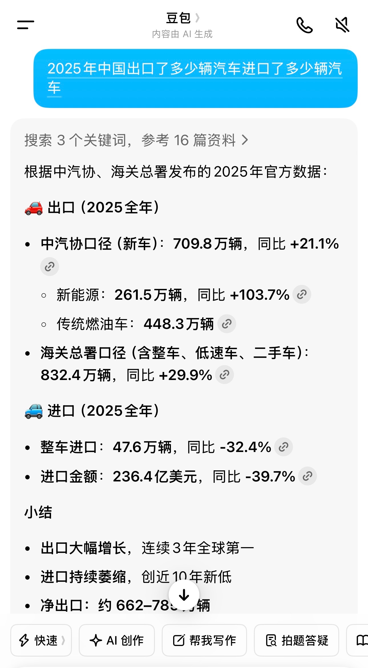 2025年中国出口了709.8万辆汽车。新能源261.5万辆，传统燃油车448.