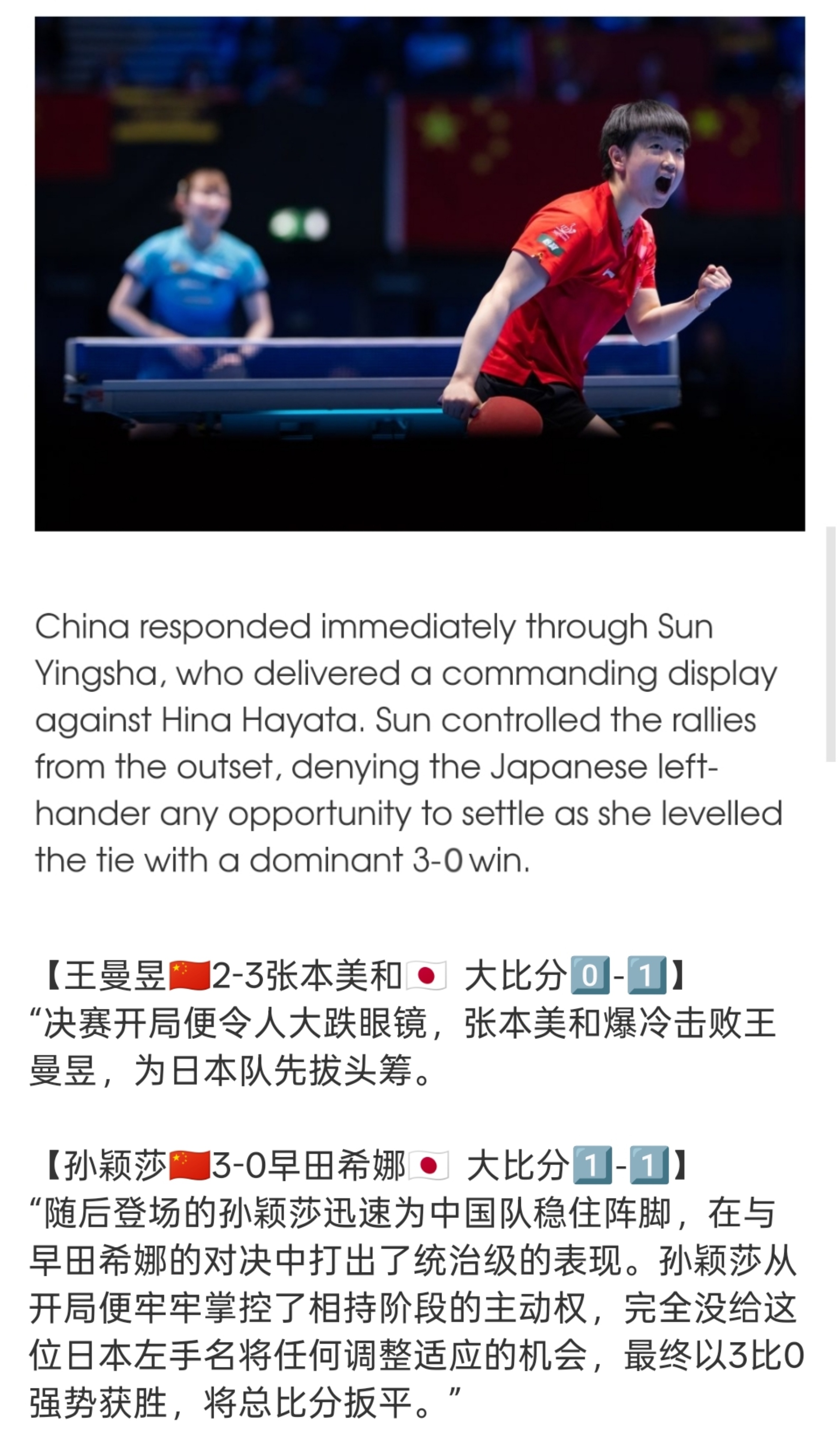 孙颖莎一单独得两分  ITTF国际乒联官网发文——China's Women D