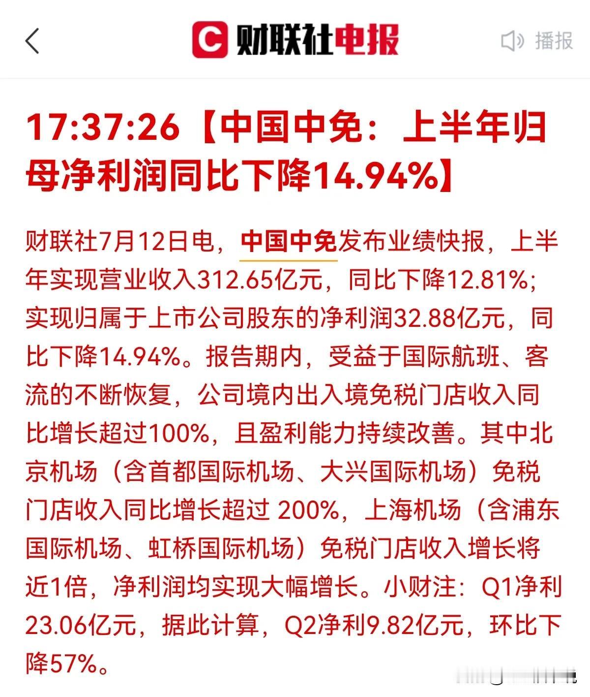 中国中免昨天业绩公布，上半年归母净利润同比下降14.94%，但却是符合预期？ 怎