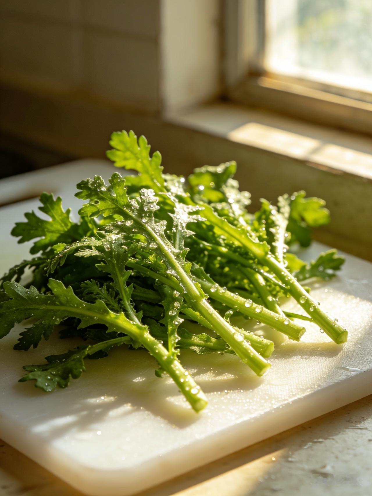 茼蒿富含维生素、胡萝卜素与膳食纤维，是药食同源的清香蔬菜。它能开胃消食、宽中理气