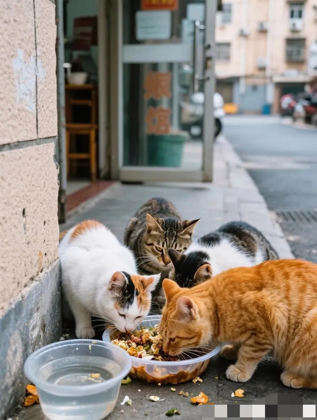 流浪猫是招财猫，
善良不是给人瞧。
好心必然有好报，
财源滚滚似波涛。