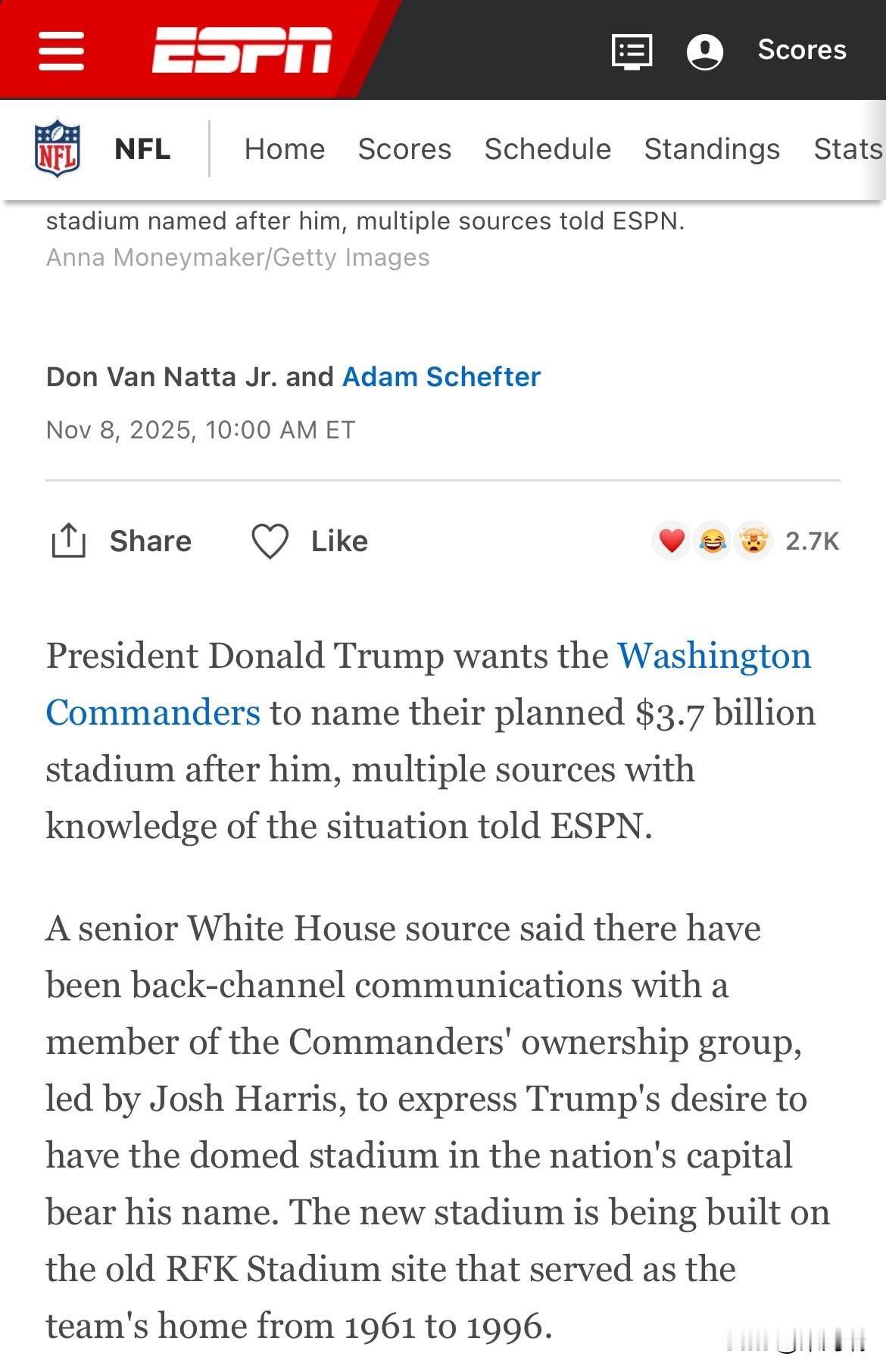 突发新闻：特朗普政府官员今天讨论了总统希望将华盛顿指挥官橄榄球队的新体育场以他的