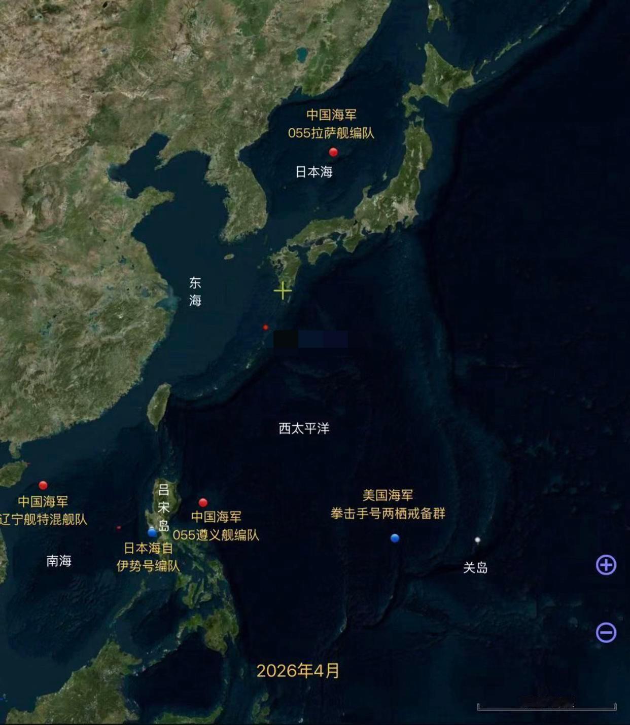 西太平洋海军部署态势图：

位于日本海的海军055拉萨舰编队

位于南海的海军辽