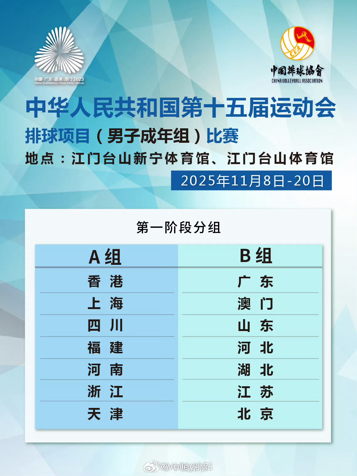 第十五届全运会 男排比赛将于11月8日在广东江门开打，比赛分组和赛程安排如下十五
