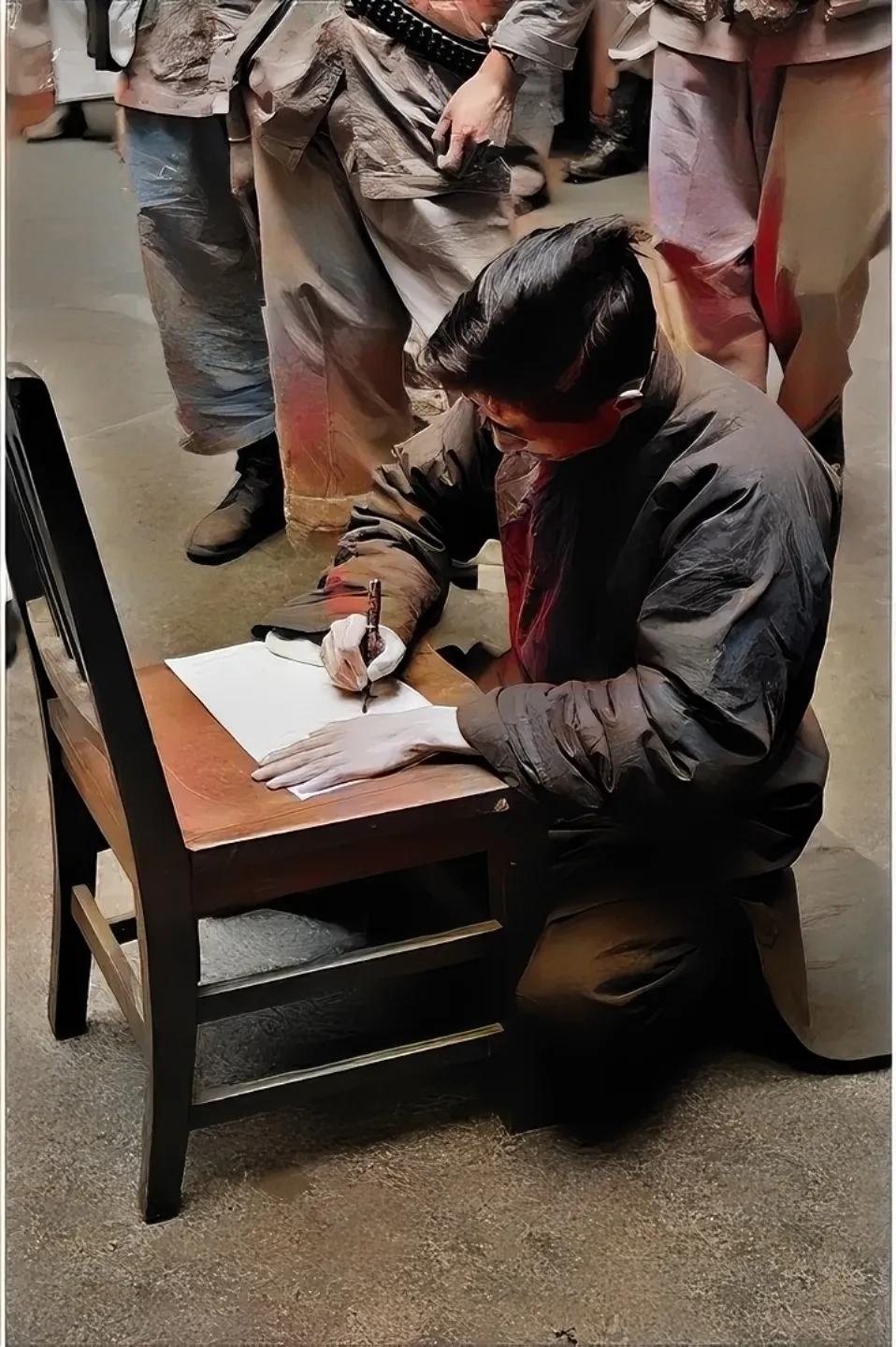 1949年，上海，张达生烈士蹲在地上，正在写遗书，仔细看会发现，张达生几乎将白纸