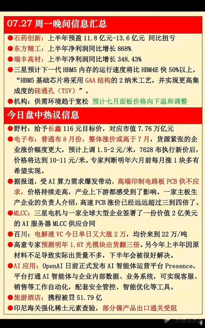 7.27周一  晚间财经信息汇总！1.电子布2.高端印刷电路板PCB3.MLCC