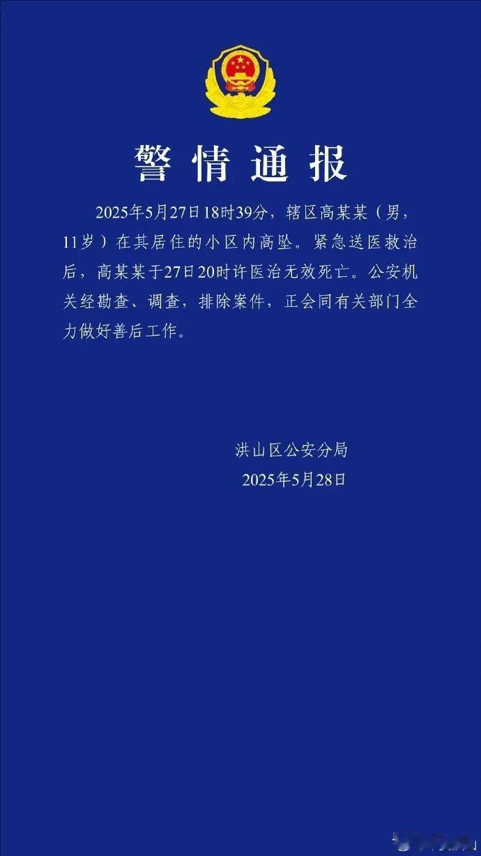 **11岁男童小区内意外坠亡 警方排除他杀可能**  

5月27日傍晚，某小区