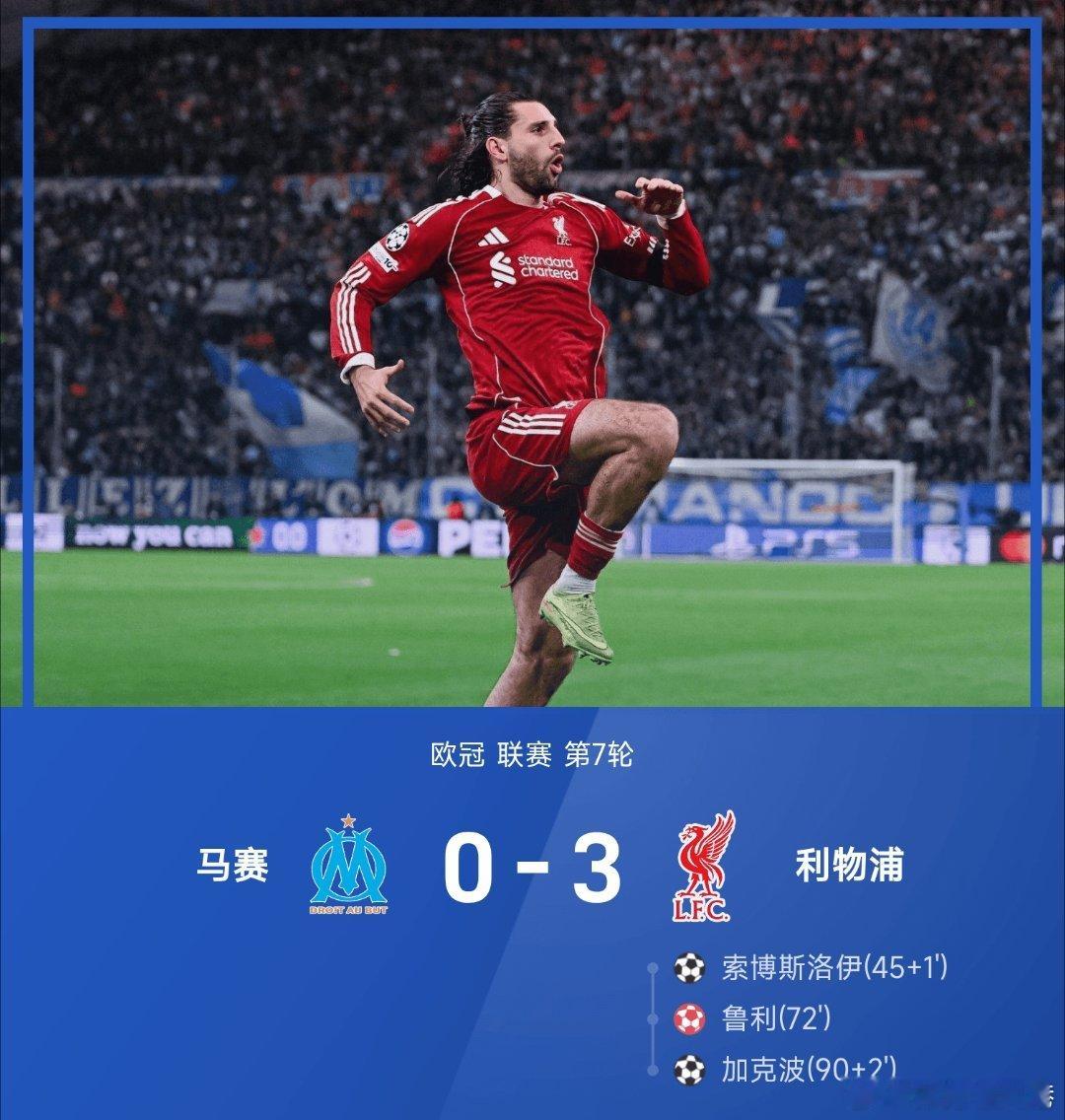 马赛0比3利物浦欧冠 利物浦3-0战胜马赛。上半场，埃基蒂克越位进球被吹掉，补时