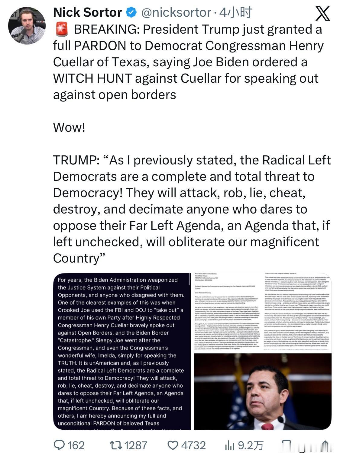 突发新闻：特朗普总统刚刚赦免了来自德克萨斯州的民主党众议员亨利·奎利亚尔，称乔·