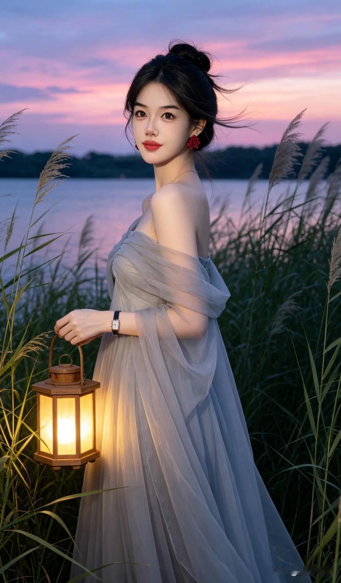 黄昏时分，少女手持灯笼，漫步在湖畔，唯美如画。