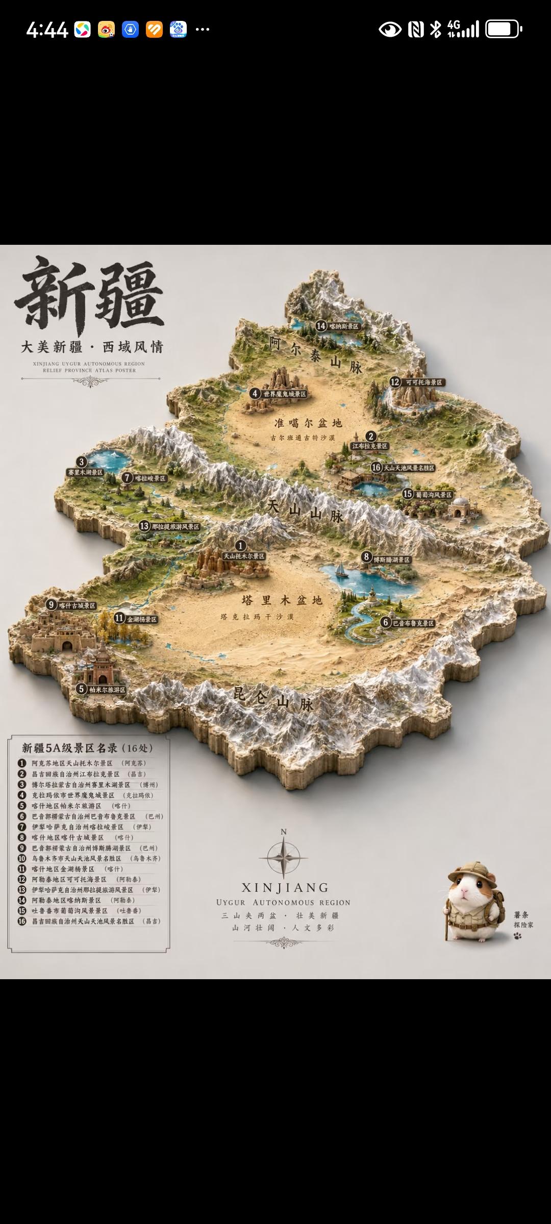 这张图把新疆地貌描绘得很清楚。新疆真是地大物博。
在荒凉的戈壁和茫茫草原间穿行，