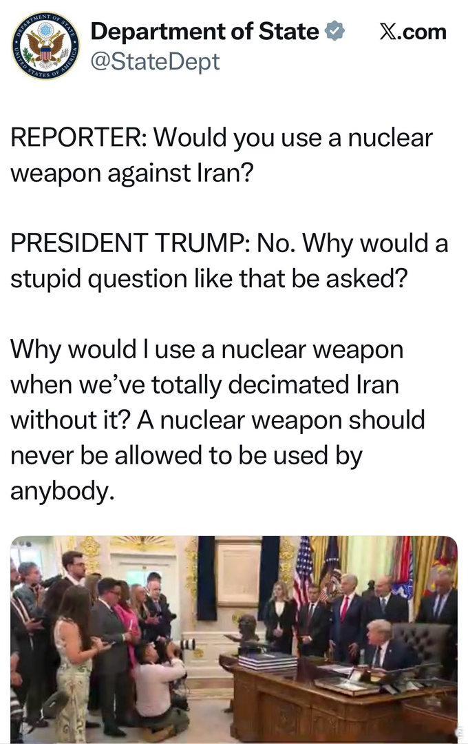 记者问总统“会不会对伊朗用核武”答：不会…已经被摧毁、没必要用…任何人都不该用 