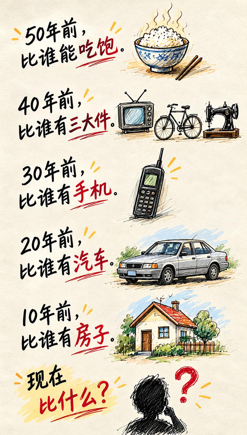 岁月的比拼，我们现在会比什么？
50 年前比吃饱，40 年前比三大件，30 年前
