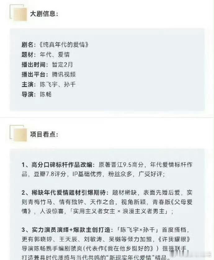 陈飞宇 孙千《实用主义者的爱情》改名为《纯真年代的爱情》暂定2月播出 