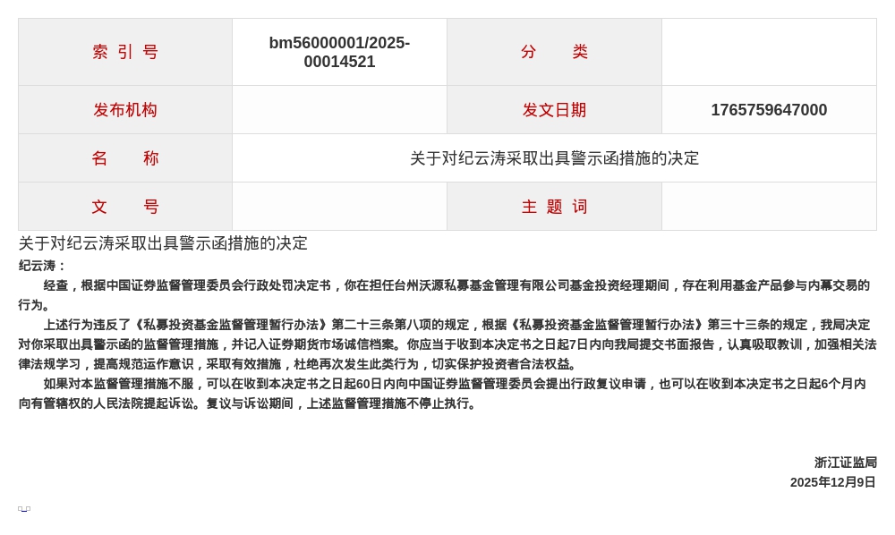 台州沃源私募基金经理纪云涛被出具警示函，涉内幕交易