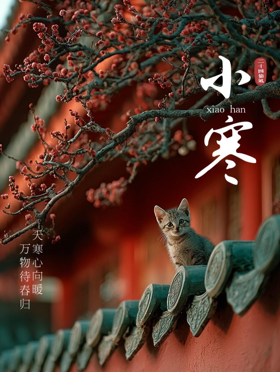 红墙、寒梅、喵星人！阳光斜照在朱红墙面上，光影斑驳间，梅香混着猫的软萌...