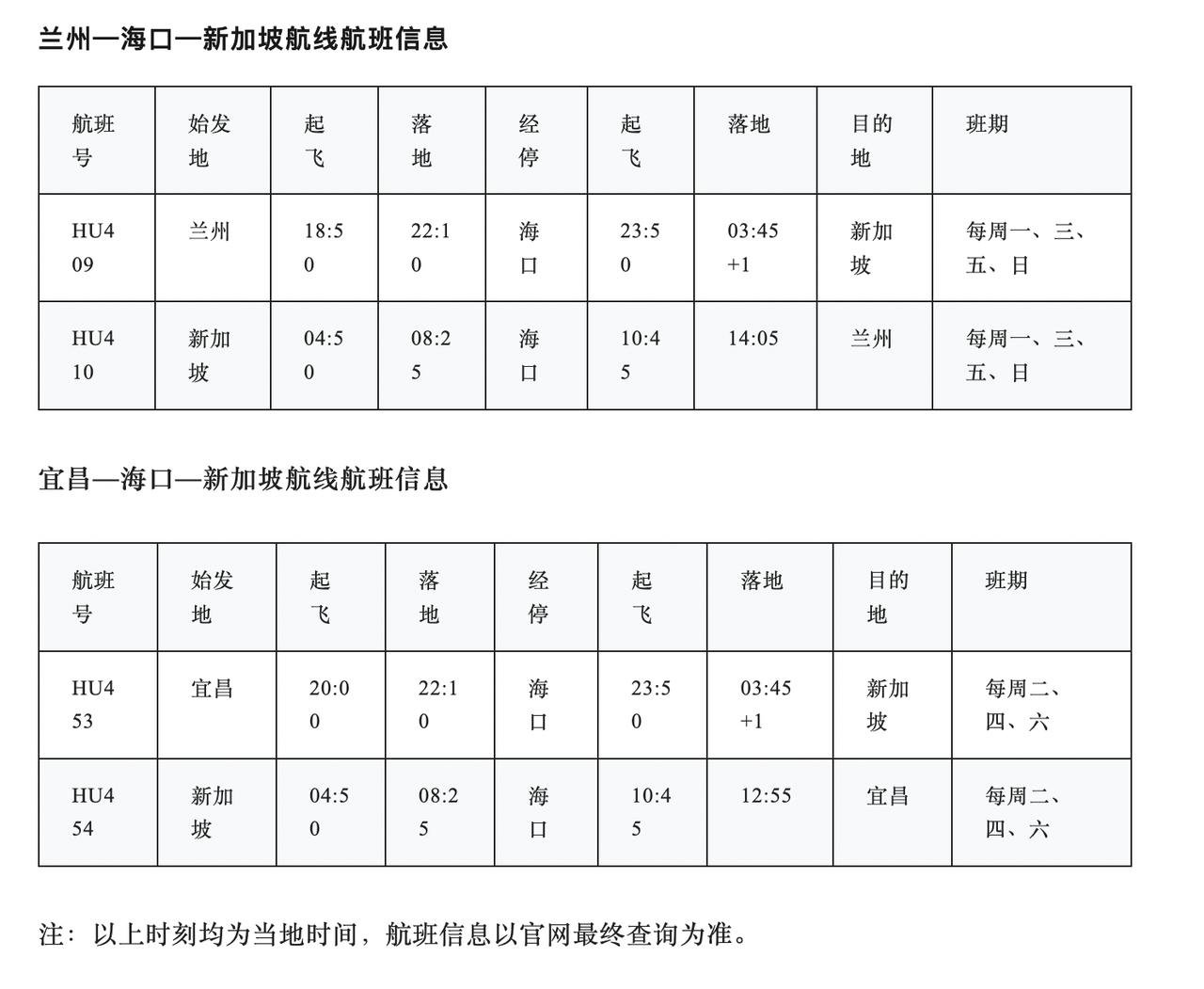 【海南航空计划新增两条新加坡国际航线】
2025年1月1日、1月2日，海南航空计