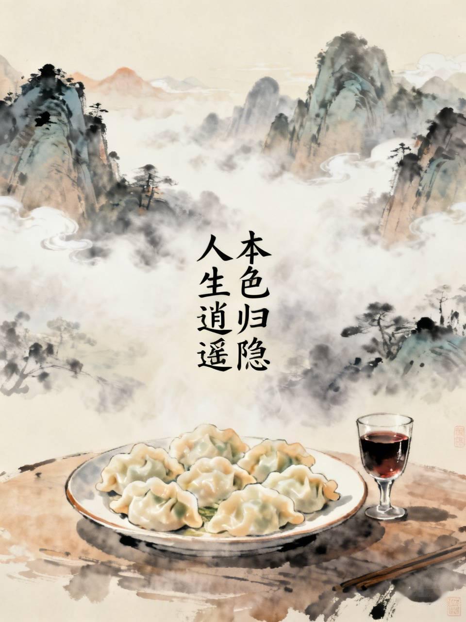 《本色归隐人生逍遥》
酒就饺子什么多有，
享受生活快意逍遥。
人生如歌抑扬顿挫，