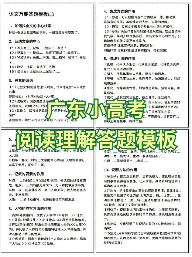 广东学考|语文阅读理解万能答题模板